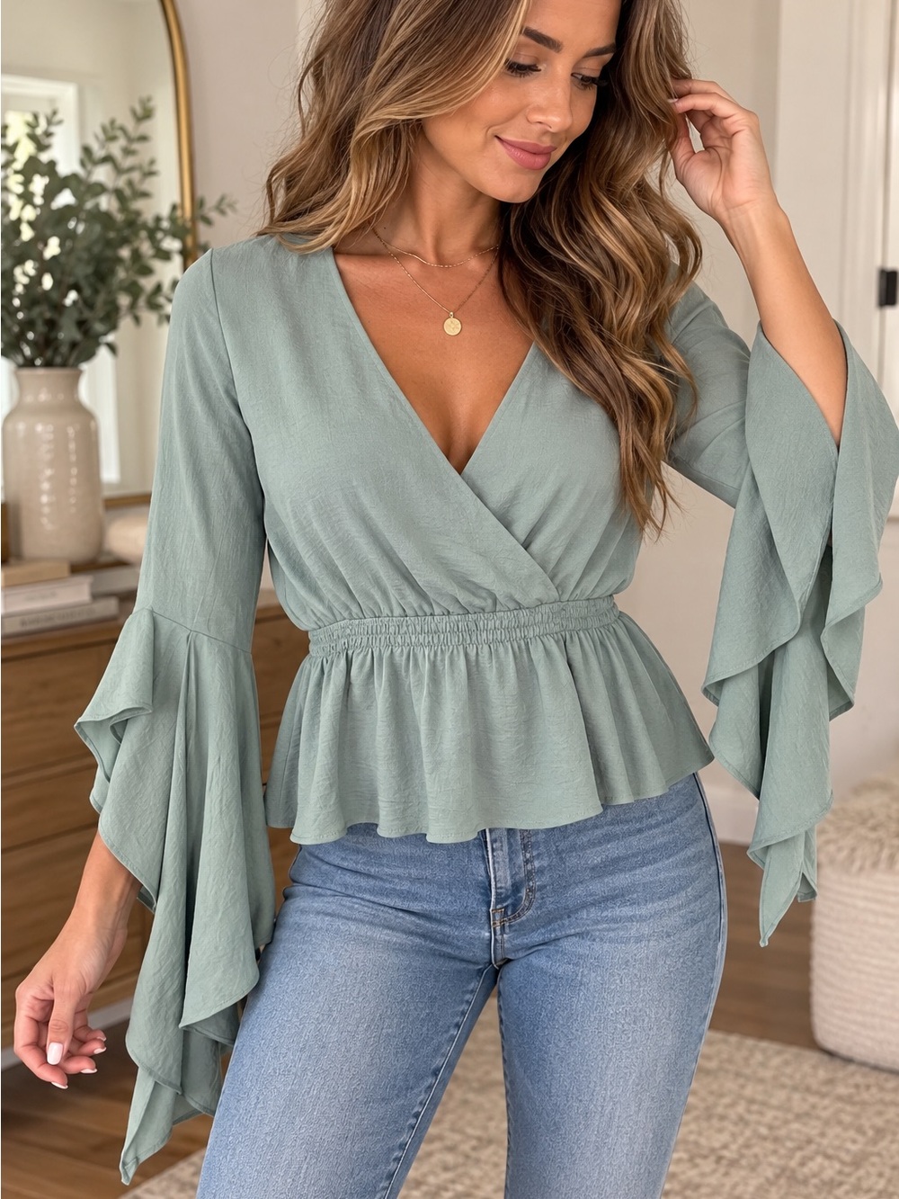 Express Sage Green Wrap Peplum Blouse with Ruffled Bell Sleeves
